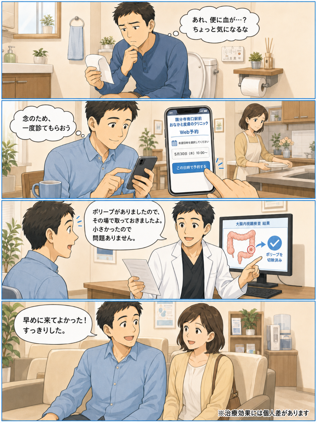 便に血が混じったことをきっかけにWeb予約で受診し、　　　 大腸カメラ検査でポリープを日帰り切除するまでの流れを描いた漫画